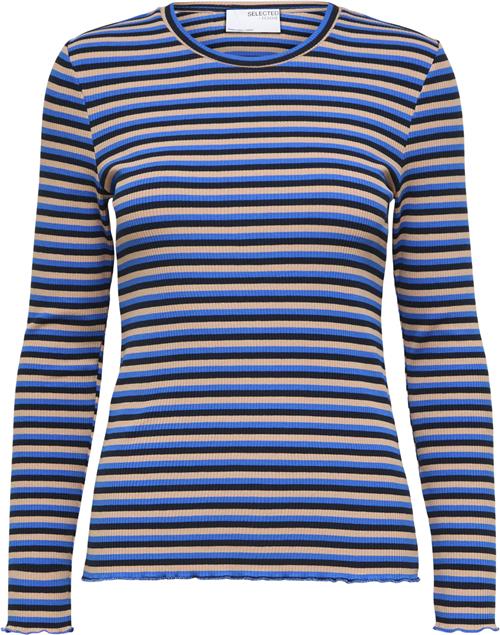 Selected Femme Slfanna LS Crew Neck TEE STR Noos Kvinde Dark Sapphire/multi Langærmede T-shirts Regular Fit Str XS - hos Magasin