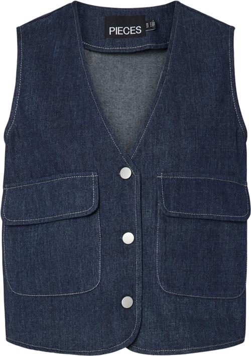 Pieces Pcfabia SL Vneck Denim Vest D2D FS Kvinde Blå Toppe Str XS Denim - hos Magasin