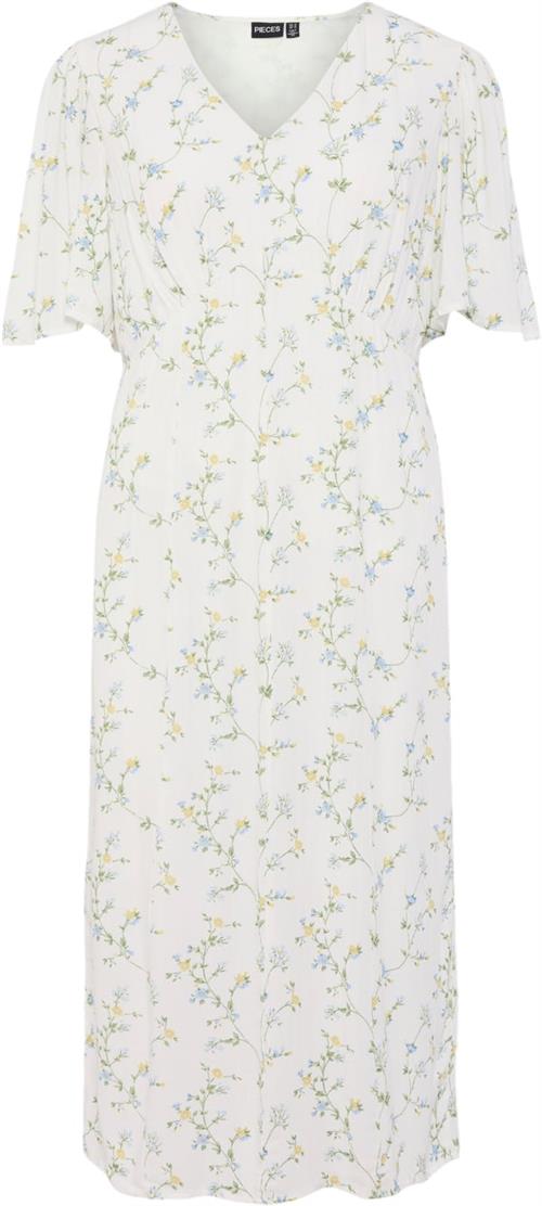 Pieces Pckary SS Vneck Midi Dress BC Kvinde Cloud Dancer/flower Field Midi Kjoler Regular Fit Str L - Silke hos Magasin