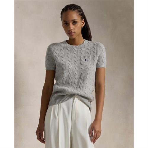 Polo Ralph Lauren Cable Woolcashmere Short-sleeve Sweater Kvinde Soft Grey Melange Kortærmet Strik Str XL - Uld hos Magasin