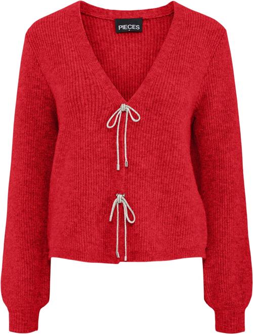 Se Pieces Pcanna Glitter BOW Vneck Cardigan Kvinde High Risk Red/silver Glitter Bow Cardigans Str S - hos Magasin ved Magasin