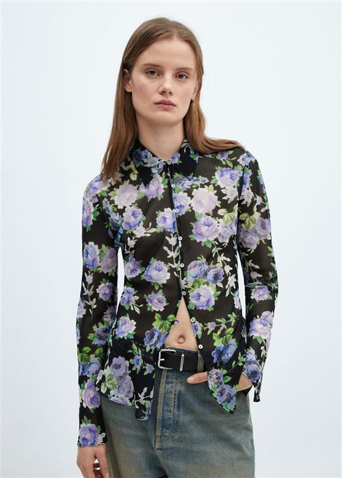 MANGO Semitransparent Printed Shirt Kvinde Black Langærmede Bluser Str S - hos Magasin