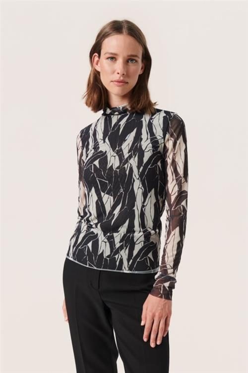 Soaked in Luxury Slaldora Mockneck LS Kvinde Black & White Rock Print Langærmede T-shirts Regular Fit Str XS - hos Magasin