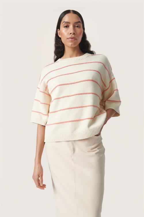 Soaked in Luxury Slrava Romy Pullover Kvinde White And Hot Coral Stripe Sweaters Str L - hos Magasin