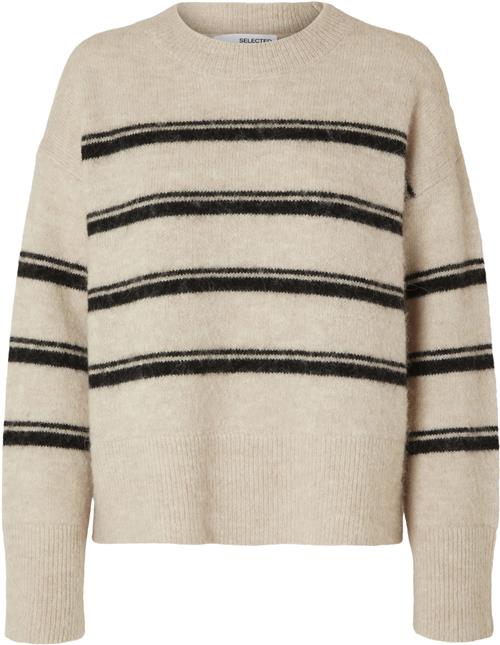 Selected Femme Slfalva LS Stripe Oneck Knit EX Kvinde Birch/black Sweaters Str S - hos Magasin