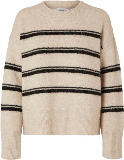 Selected Femme Slfalva LS Stripe Oneck Knit EX Kvinde Birch/black Sweaters Str M - hos Magasin