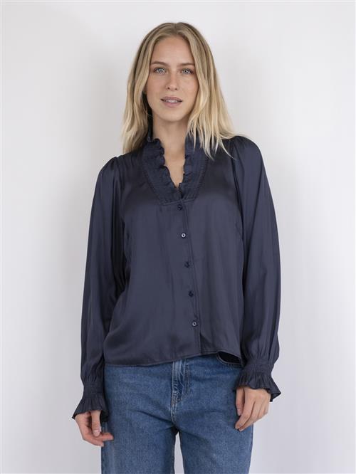 Neo Noir Brielle Satin Blouse Kvinde Midnight Blue Langærmede Bluser Str 42 - hos Magasin