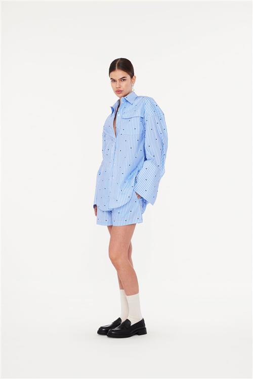 ROTATE Birger Christensen Oversized Shirt Kvinde Blue Logo Stripe + Serenity Comb. Langærmede Skjorter Str 38 - hos Magasin