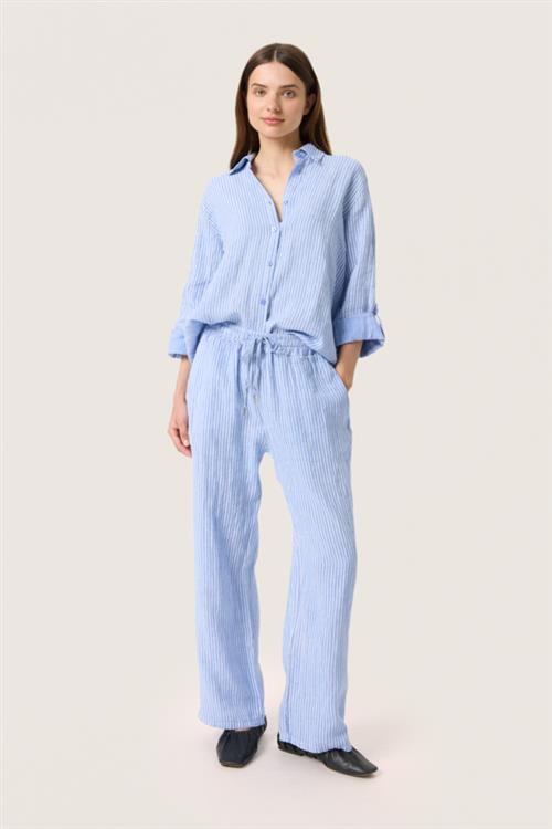 Soaked in Luxury Slauran Pants 100 Linen Kvinde Blue Yonder Stripe Bukser Med Lige Ben Relaxed Fit Str S/M - hos Magasin