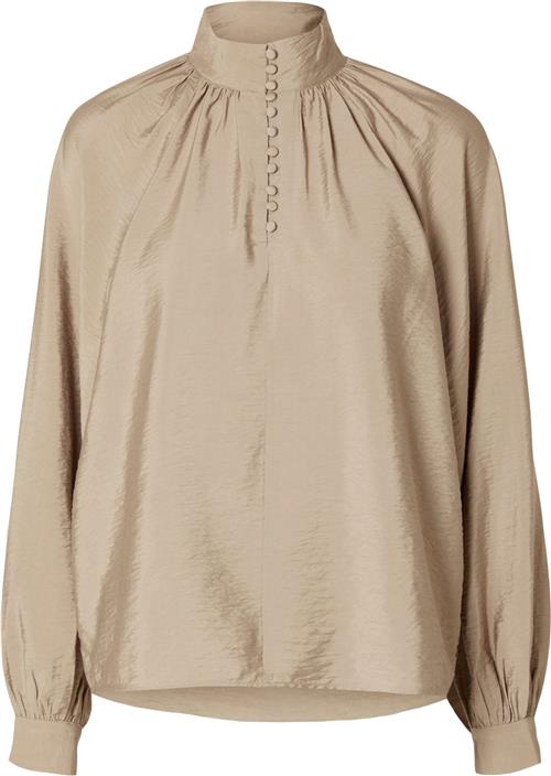 Selected Femme Slfloganaura LS High Neck TOP AT Kvinde Greige Langærmede Bluser Str 40 - hos Magasin