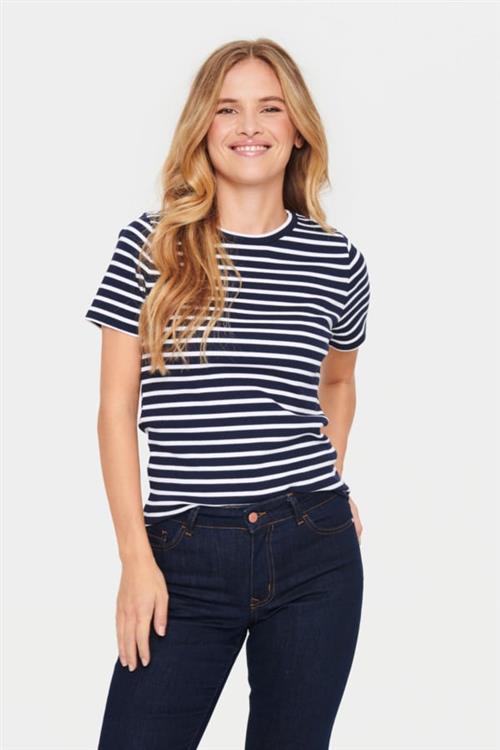 Saint Tropez Astersz SS Stripe Tshirt Kvinde Night Sky Kortærmede T-shirts Regular Fit Str S - hos Magasin