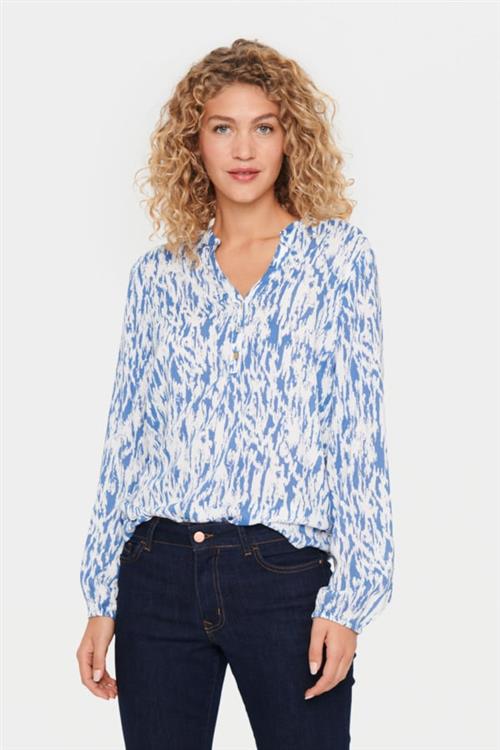 Saint Tropez Carlasz Shirt Kvinde Dutch Blue Batik Langærmede Skjorter Regular Fit Str S - hos Magasin