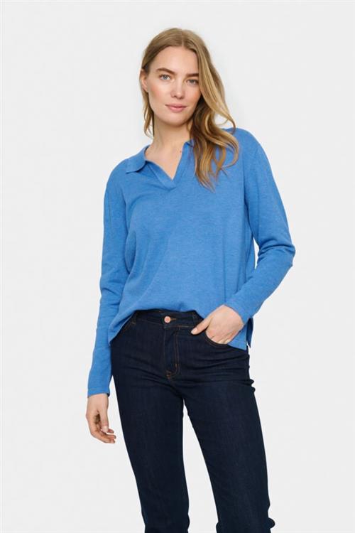 Saint Tropez Milasz Polo Pullover Kvinde Dutch Blue Melange Langærmede Bluser Str S - hos Magasin