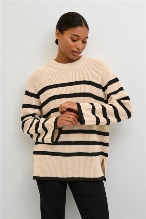 Kaffe Kacilla Knit Pullover Kvinde Sand Dollar / Black Stripe Sweaters Str XS - hos Magasin