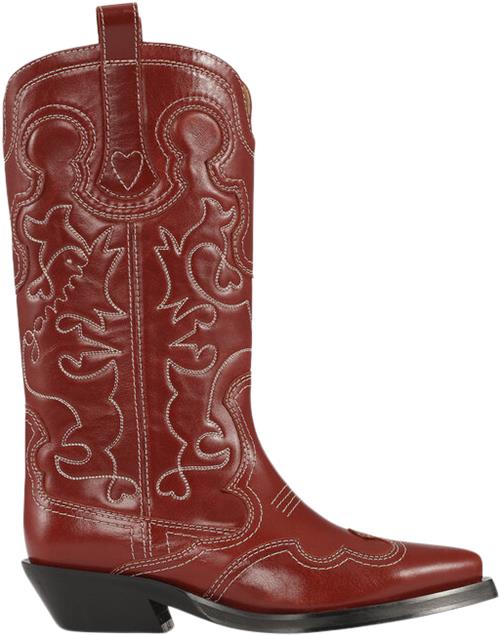 Ganni Mid Shaft Embroidered Western Boot Kvinde Barbados Cherry Cowboy & Biker Str 40 - hos Magasin