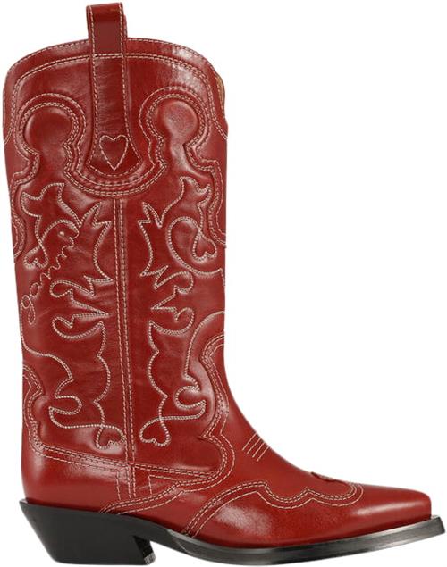 Ganni Mid Shaft Embroidered Western Boot Kvinde Barbados Cherry Cowboy & Biker Str 38 - hos Magasin