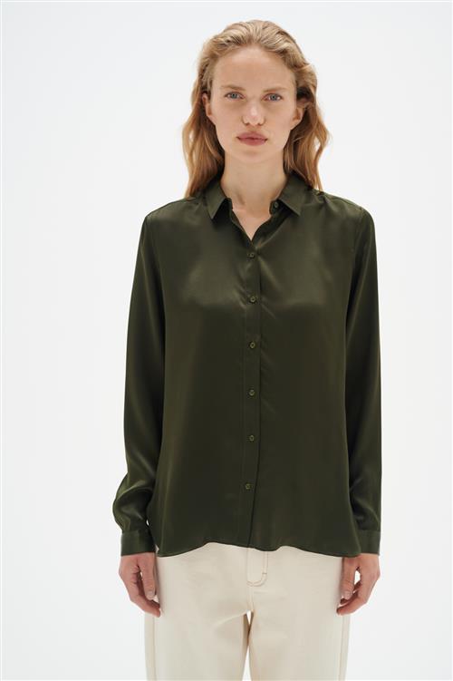 InWear Leonore Shirt Premium 100 Silk Kvinde Olive Leaf Langærmede Skjorter Relaxed Fit Str 42 - hos Magasin