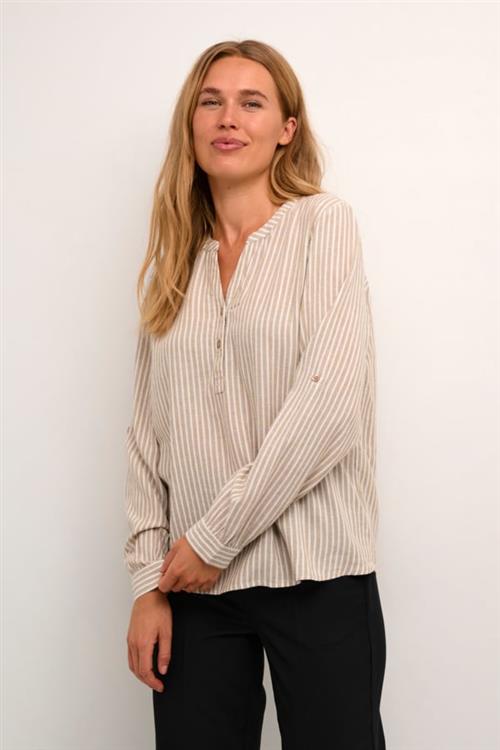 Kaffe Kamilia Blouse Kvinde Chinchilla/chalk Stripe Langærmede Bluser Str 46 - hos Magasin