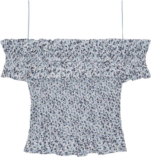 Ganni Printed Cotton Offshoulder Smock T Kvinde Glacier Lake Toppe Str 38 - hos Magasin