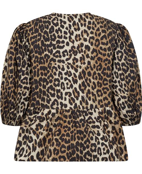 Se Ganni Printed Cotton Poplin Peplum Blouse Kvinde Leopard Langærmede Bluser Str 40 - hos Magasin ved Magasin