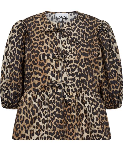 Se Ganni Printed Cotton Poplin Peplum Blouse Kvinde Leopard Langærmede Bluser Str 38 - hos Magasin ved Magasin