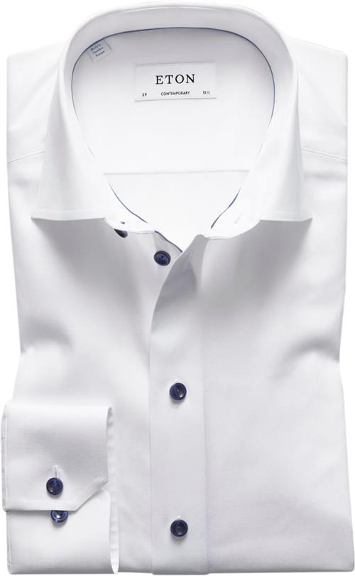 ETON White Twill Shirt Dark Blue Details Contemporary Fit Mand Hvid Langærmede Skjorter Str 41 - Uld hos Magasin