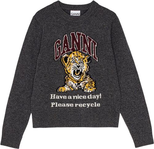 Ganni Graphic Wool Mix Tiger Crewneck Kvinde Gray Quill Sweaters Str XS - hos Magasin