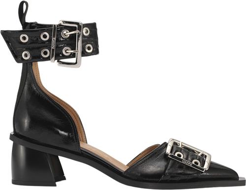 Se Ganni Chunky Buckle Open Cut Pump Naplack Kvinde Black Højhælede Sandaler Str 37 - hos Magasin ved Magasin