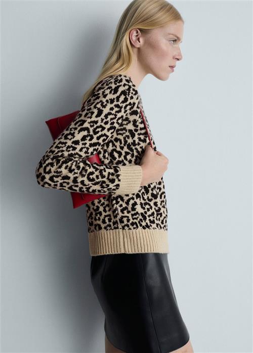 MANGO Leopard Jumper With Contrasting tri Kvinde Light Beige Sweaters Str S - hos Magasin