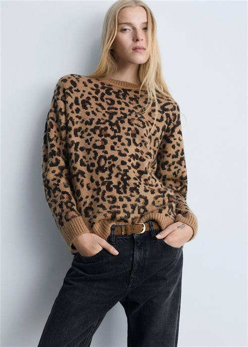 MANGO Leopard Jumper With Contrasting tri Kvinde Brown Sweaters Str S - hos Magasin