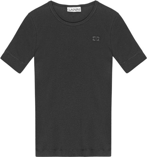 Se Ganni Soft Cotton Rib Short Sleeve Tshir Kvinde Black Kortærmede T-shirts Str XL - hos Magasin ved Magasin