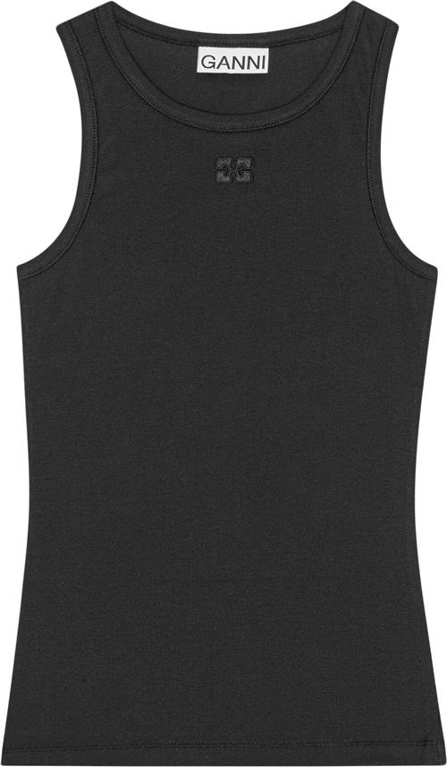 Ganni Soft Cotton Rib Tank Top Kvinde Black Tanktoppe Str XL - hos Magasin