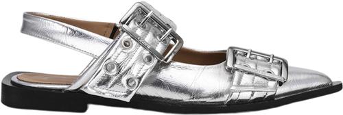 Ganni Feminine Buckle Ballerina Metallic Kvinde Silver Ballerinaer Str 40 - hos Magasin