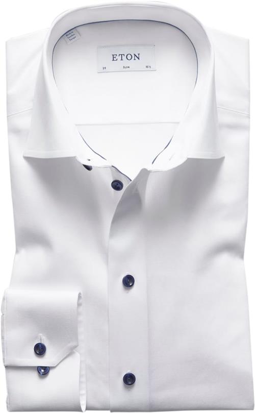 ETON White Twill Shirt Dark Blue Details Slim Fit Mand Hvid Langærmede Skjorter Str 40 - Uld hos Magasin