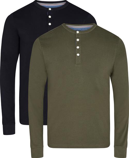 Lindbergh Solid Granddad L/S Mand Black Dk Army Langærmede T-shirts Slim Fit Str L - Bomuld hos Magasin