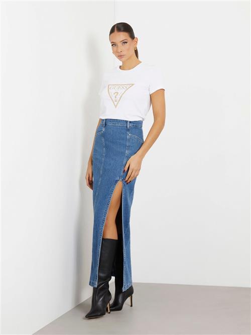 Se GUESS SS CN Gold Triangle TEE Kvinde Pure White Kortærmede T-shirts Str L - hos Magasin ved Magasin