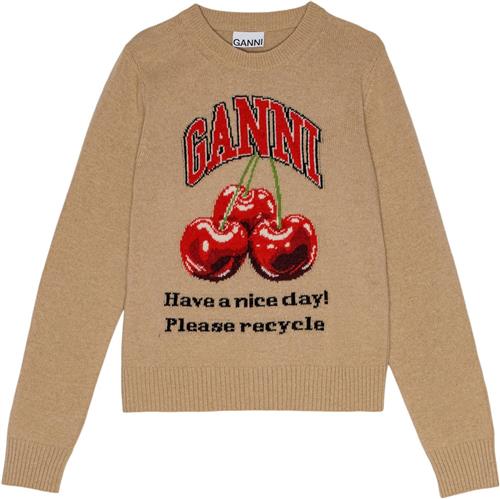 Ganni Graphic Wool Mix Cherry Crewneck Kvinde Safari Sweaters Str S - hos Magasin