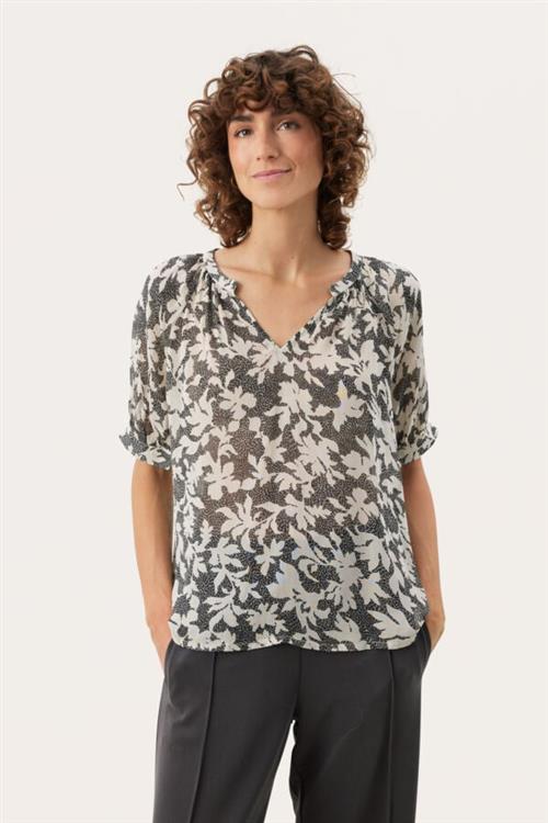 Part Two Popsypw BL Kvinde Black Stitch Leaf Print Kortærmede Bluser Relaxed Fit Str 40 - hos Magasin