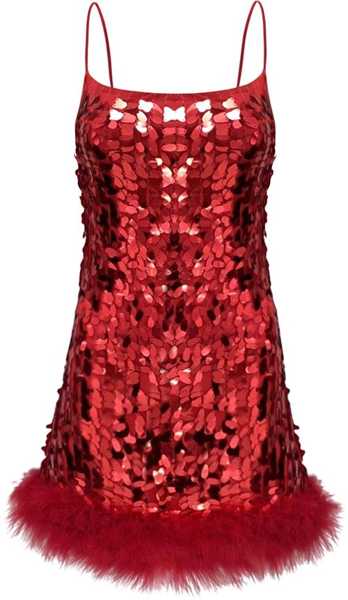 OW Collection Luna Sequin Feather Dress Kvinde Bordeaux Korte Kjoler Str L - Polyester hos Magasin