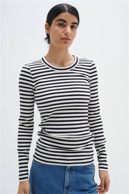 InWear Dagnaiw Striped Tshirt LS Kvinde Whisper White / Marine Blue Langærmede T-shirts Slim Fit Str XL - hos Magasin