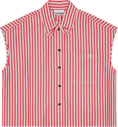 Se Ganni Stripe Cotton Tie Collar Shirt Kvinde Barbados Cherry Kortærmede Skjorter Str 40 - hos Magasin ved Magasin