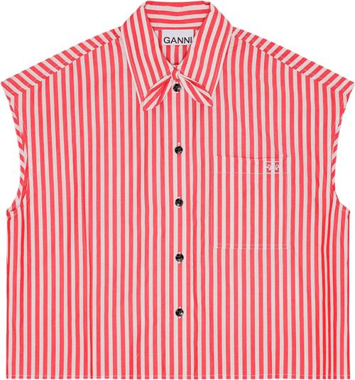 Se Ganni Stripe Cotton Tie Collar Shirt Kvinde Barbados Cherry Kortærmede Skjorter Str 36 - hos Magasin ved Magasin