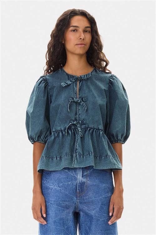 Ganni Cotton Poplin Peplum Blouse Kvinde Sky Captain Langærmede Bluser Str 38 - hos Magasin