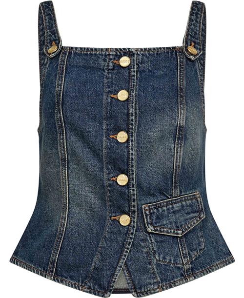 Ganni Heavy Washed Denim Top Kvinde Mid Blue Vintage Langærmede Bluser Str 40 Denim - hos Magasin