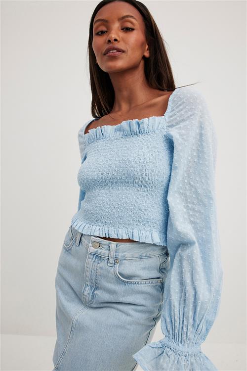 NA-KD Puff Sleeve Dobby Blouse Kvinde Dusty Blue Langærmede Bluser Str EU 38 - hos Magasin