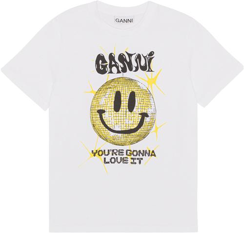 Ganni Gul Smileyt-shirt i løs Pasform Kvinde Bright White Kortærmede T-shirts Str L - hos Magasin