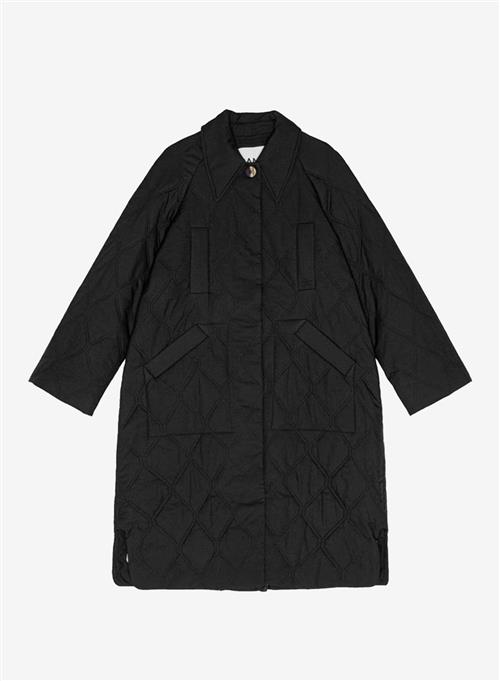 Ganni Quilt Raglan Midi Coat Black