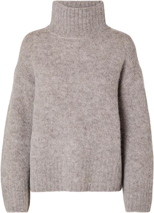 Se Selected Femme Slfgabella LS Knit Highneck Noos Kvinde Steel Gray/melange Sweaters Str L - hos Magasin ved Magasin