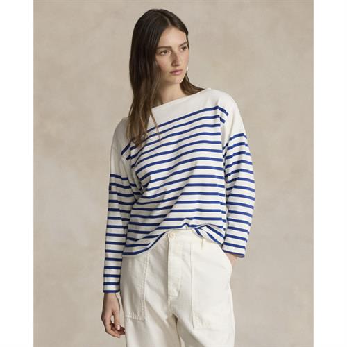 Polo Ralph Lauren Striped Boatneck Jersey Tee Kvinde Hvid/blå Langærmede T-shirts Str L - Bomuld hos Magasin