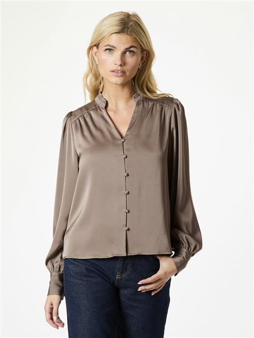 Neo Noir Massima Drapy Satin Blouse Kvinde Dark Taupe Langærmede Bluser Str 44 - hos Magasin